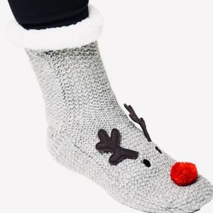 NWT Christmas Slippers  Socks Rudolph fuzzy slippers house shoes lined socks OS